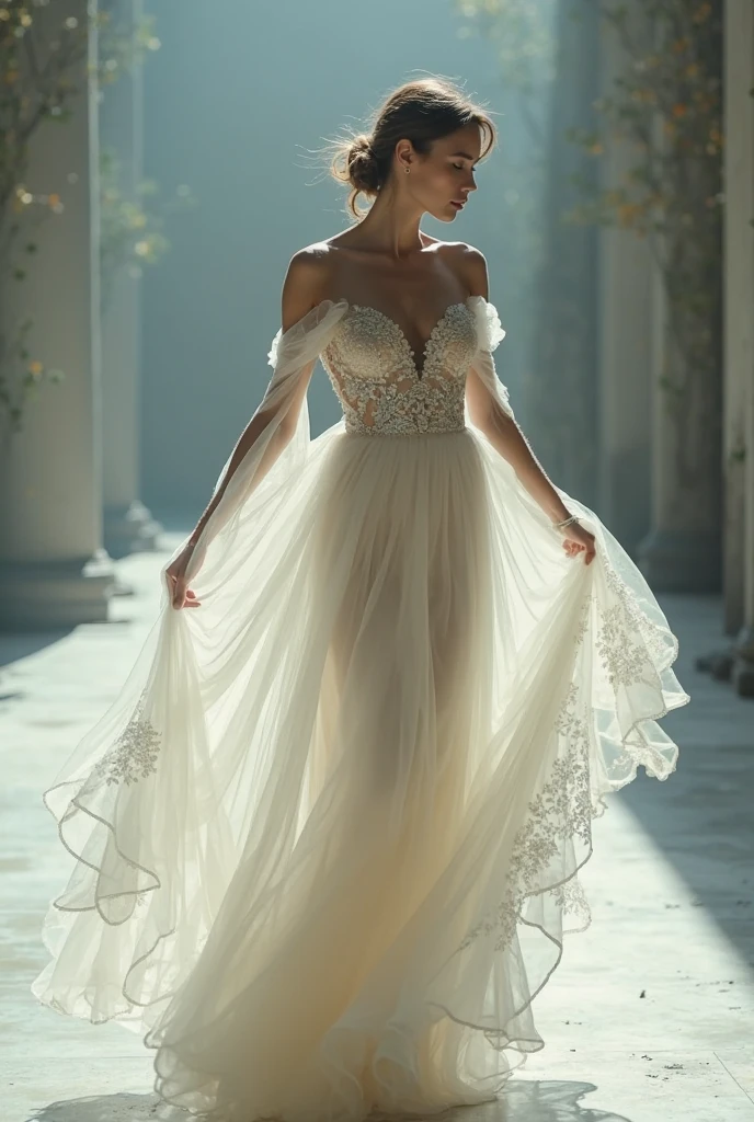 High quality, high resolution, best composition, one beautiful young woman, finely drawn hair, tragic, full-length portrait, bridal gown, buildings on battlefield, bloodstains, dirt, realistic and finely drawn beautiful eyes, finely drawn hair, fine and realistic skin texture, well-shaped legs, model body.