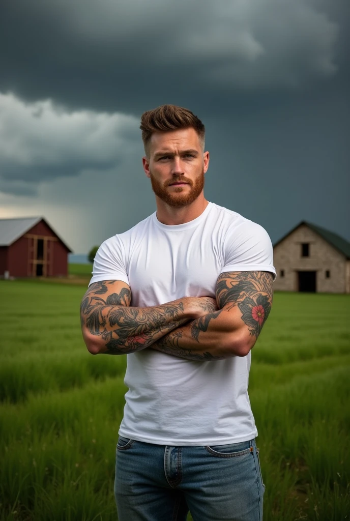 ((best quality)), ((masterpiece)), (detailed),male, perfect face,blonde beard, tattooed, ripped, army officer, showcasing perfect biceps, veins pumping, Bodybuilder size,perfect sixpack abs, broad strong chest, wearing army camo pants, wearing a unbuttoned camo shirt, showcasing a coverd body in highly detailed tattoos, huge muscles, tattooed, sexy aura, strong and protective, has to keep you save, forest in the background, lustfull eyes