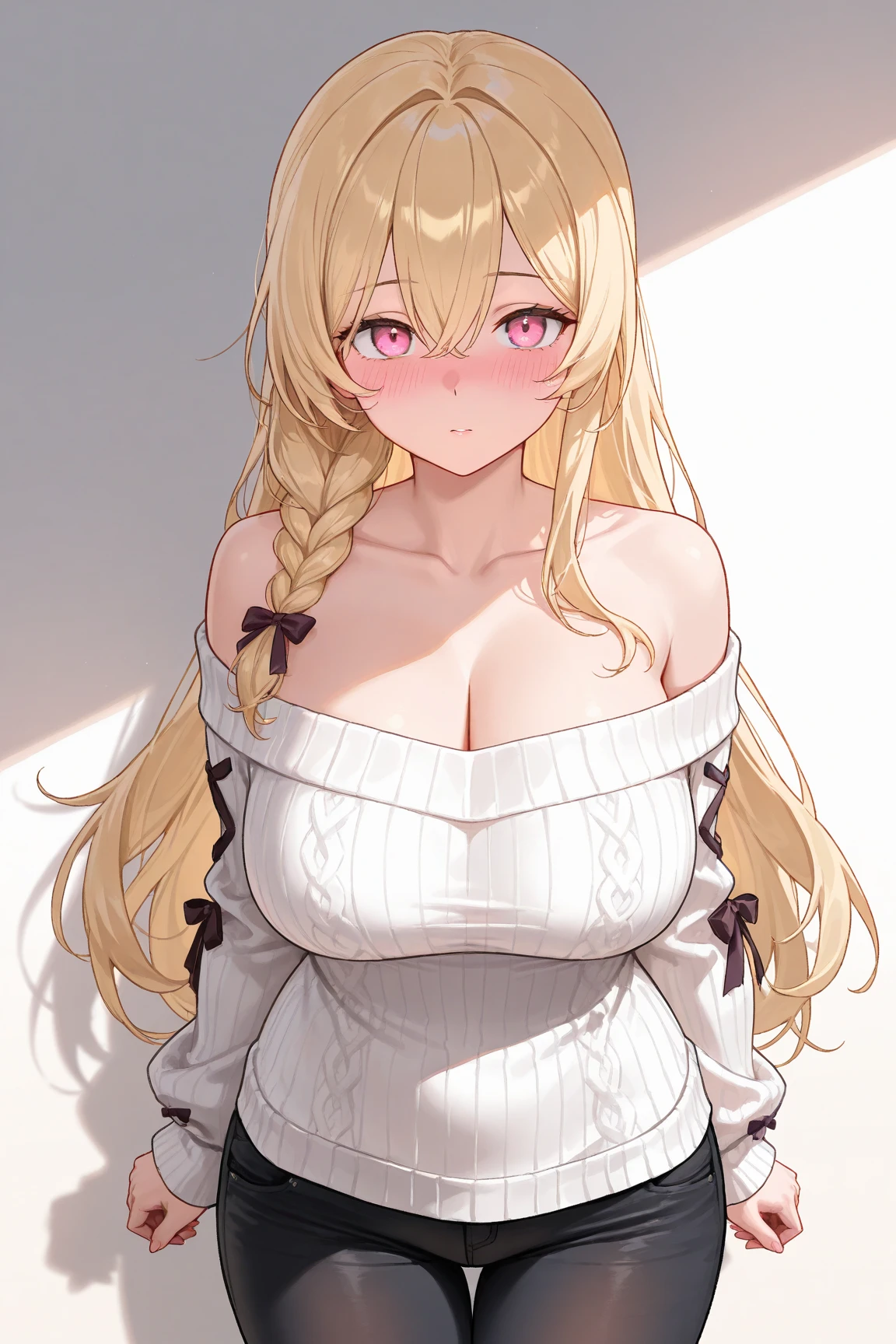 (8K、Highest image quality、highest quality、masterpiece)、detailed face、 1 girl、nakamura misaki (nanae), light blonde hair, blunt bangs, long hair, pink eyes, heart shaped earrings, mole under eye、evil smile、((grin))、big breasts、((white sweater))、((off shoulder))、strapless、cleavage、((black pencil skirt))、cowboy shot、bedroom background