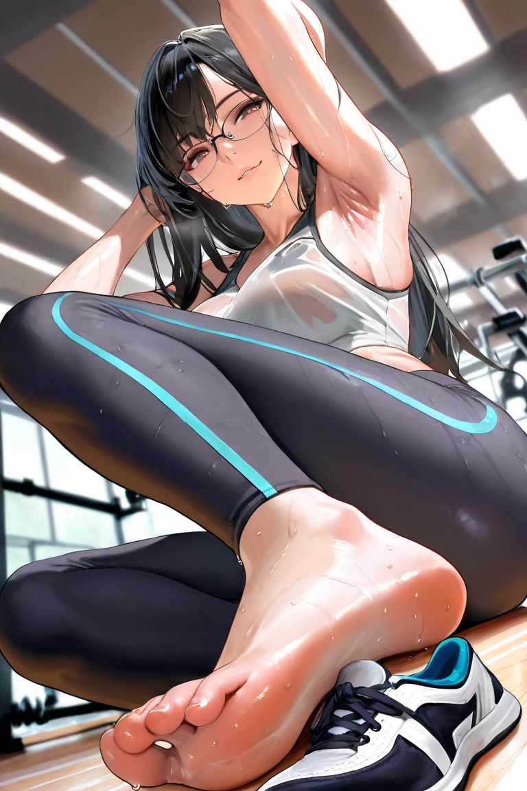 (masterpiece, best quality, realistic, realism, a girl in sportswear sitting in the gym,spread legs,looking at viewer, leggings, wide hips,sneakers,socks,wristband,tank top, ponytail, (sweating:1.1), sweat, detailed eyes, <lora:omarDoganStyleLORA_omardogan08v2:1>, highres, line-art, (traditional media:0.9), western comics (style), marker \(medium\), traditional media, by [Patrick Brown (/artist)/:0.6], (Dan DeCarlo:0.8), Phil Noto, [Horikoshi Kouhei:0.8], (flat shading:1.1), sharp focus, outline, soft lighting, sharp shadows, subsurface scattering, gym background, detailed background, grain:0.4,