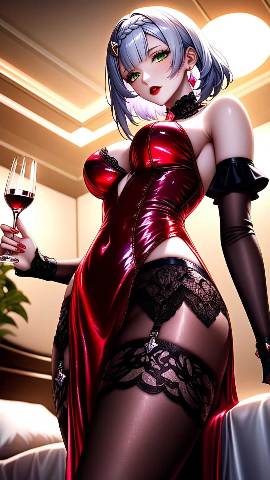 resident evil sexy ada wong, seductive, stockings, high heels, stilletoes, long gloves, choker, makeup, lipstick, full body shot, palace bedroom background