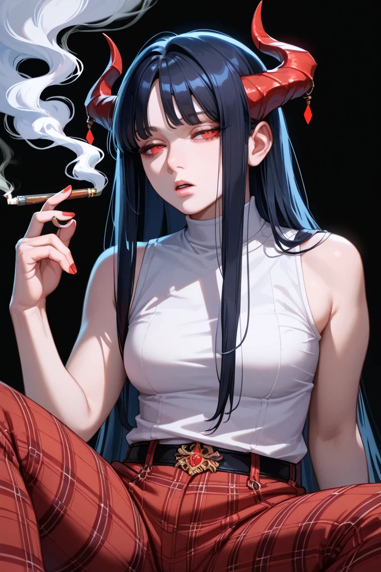 (highest quality、masterpiece:1.2), ((mature woman))huge , adult face、black chinahair、two side up、red eyes, (dark eye shadow、lots of earrings) sunglasses,smoking a cigarette,sexy china dress, black chinadress, victorian dress