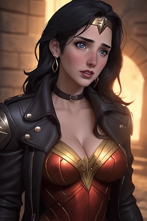 Girl with wavy red hair and rebellious, ((hair slicked back)), (angry eyes), ((dark circles around eyes)), golden eyes and tanned skin, ancient roman pirate style clothes, (gigantic breasts), background with clouds, realistic manhwa style.