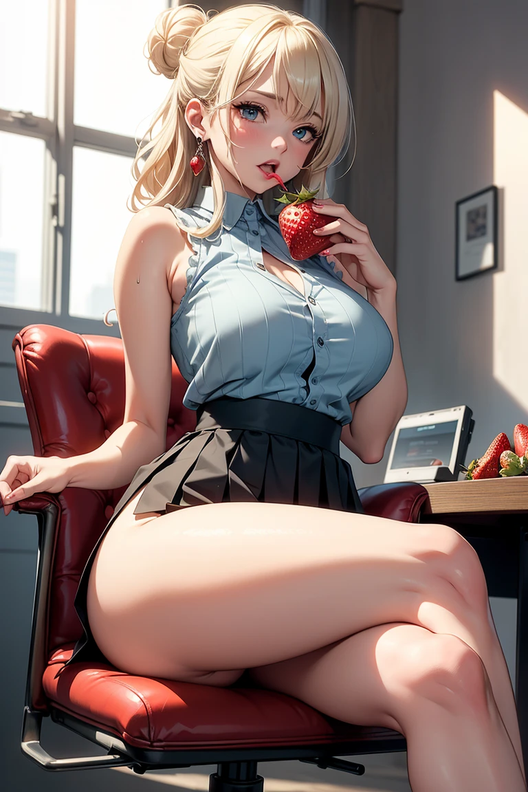 (masterpiece, best quality, 4k, photorealistic, cinematic, ultra-detailed), wide shot, full body, perfect anatomy, curvaceous body, long round legs, 1 girl, blonde hair, sitting in an office chair, crossing her legs, Lavender sleeveless blouse, baby blue pleated mini skirt, stockings, silver wedge heels, loose curls or a romantic bun, teardrop earrings, licking a strawberry, sweating, moaning with ecstasy, open mouth, blushing, nipples straining against fabric