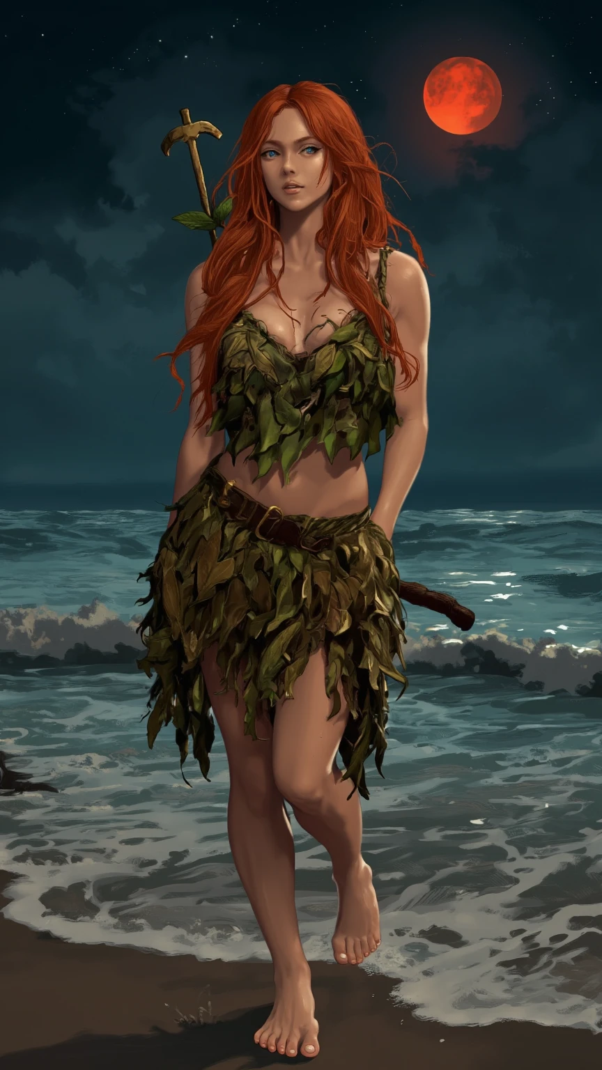 Jennifer Korbin wearing a grass skirt, ginger hair