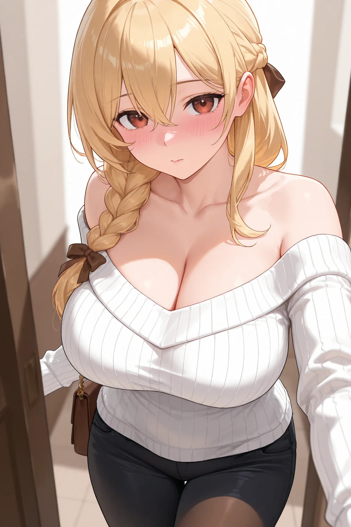 masterpiece, yor, 1girl, Bust A Cup, Amazing Cleavage:1.0, thin waist, big ass, Raised sexy, medium breast: 1.0 posed cleavage:1.2、solo, looking at viewer, open mouth, black hair, red eyes, dress, bare shoulders, jewelry, collarbone, sidelocks, hairband, earrings, indoors, off shoulder, :o, sweater, arms behind back, plant, short hair with long locks, white hairband, off-shoulder dress, sweater dress, off-shoulder sweater, red sweater, big side hair, very long side hair,is rendered in (masterpiece: 1.2, best quality), with (ultra high resolution) and an exquisite (depth of field). This masterpiece is not only visually stunning but also tells