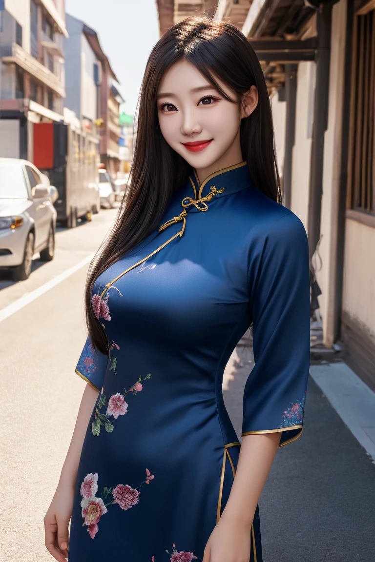 ((upper body)), ((from below)), 1 Asian female model, A young girl, (Close up), (in a pub, Stand up, Cross ed leg, Leaning against the bar), pretty pose, Eye-catching poses, Detailed scenes, Coiled hair, Hairpins, Beautiful hair accessories, Brownish-yellow hair, light make-up, Blushlush, Gloss on lips, pretty legs, ((on cheongsam, high-heels)), ((warm lights, a warm color palette)), (Extremely high color saturation), Detailed details, ultra-detailliert, (tmasterpiece, best qualtiy), (An extremely delicate and beautiful work), Delicate earrings, Delicate necklace, Simple blurred background, Extreme detail description, Ultra-fine painting, Delicate face, slim toned body, Slimming the waist, (ssmile, grin), (anatomy correct)