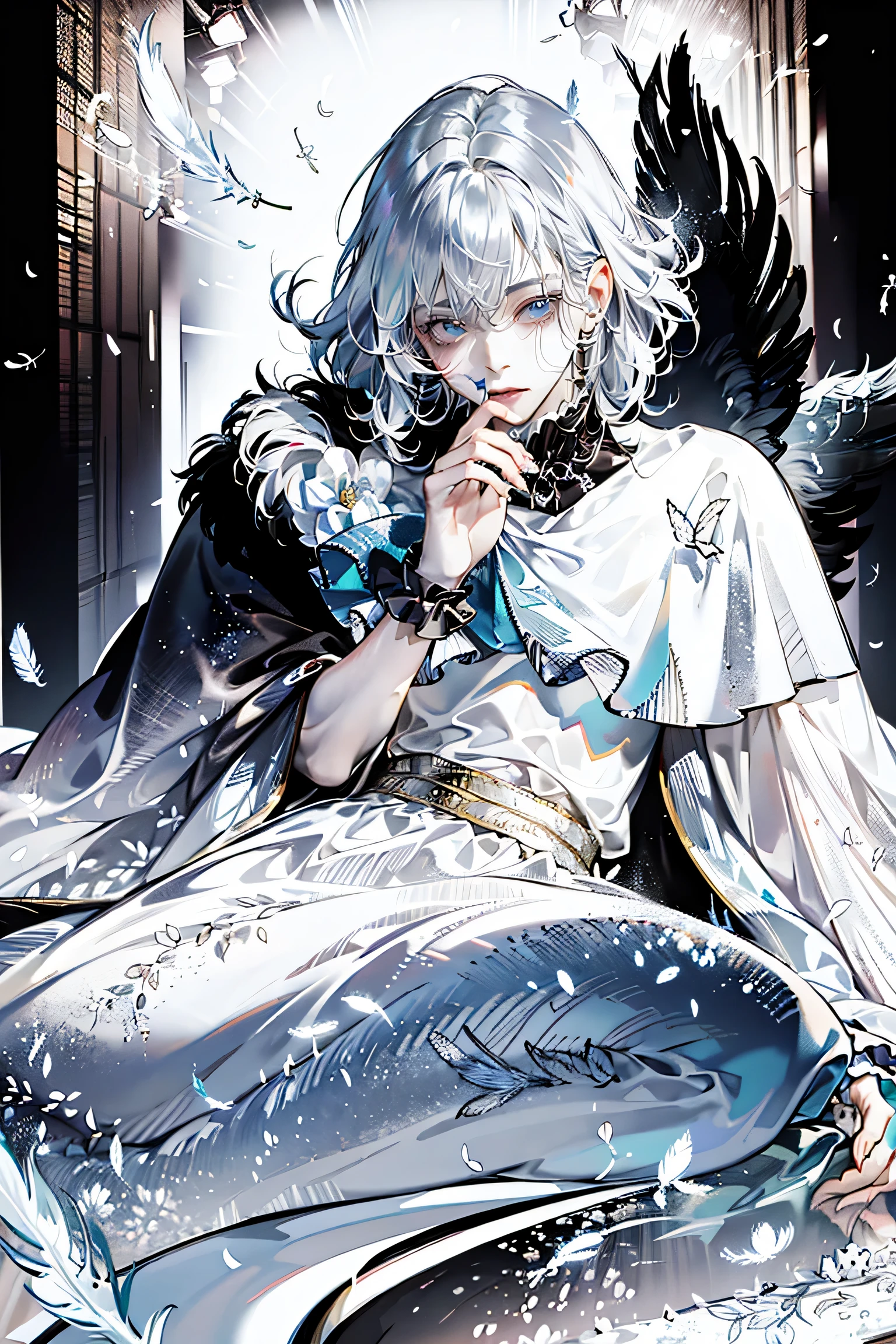 A delicate, ethereal young man with a soft and fragile aura, wearing an angelic white outfit adorned with frills, lace, and ribbons. Pale skin, gentle eyes, flowing silvery or platinum hair, surrounded by soft glowing light. Slightly melancholic expression, dreamy atmosphere, feathers or soft particles in the background. High-resolution, beautiful lighting, highly detailed.