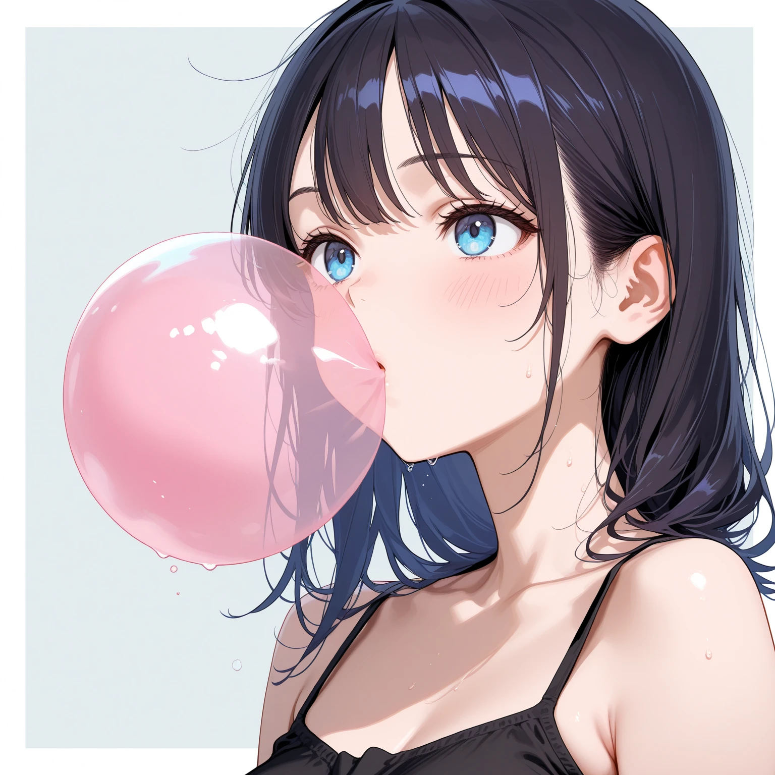 Girl, black hair, blue eyes, beautiful, strapless mint dress, pastel colors, face close-up, flat, ponytail, sucking a lollipop, lipgloss, winking