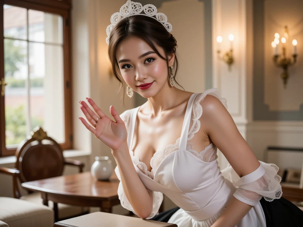 Young girl in wedding dress and updo, Off-shoulder neckline, and a long veil. her face is young and innocent, Looks like a . She looks at the camera with a playful expression. Detailed artwork with vivid illustrations, Realistic colors, Capture every detail. The medium of digital painting, Guaranteed best quality and high resolution (4K or 8K). soft and romantic lighting, creating a dream-like atmosphere. The overall color is warm and gentle................, Highlight the joy and beauty of your wedding scene.frontage、full body Esbian、A smile