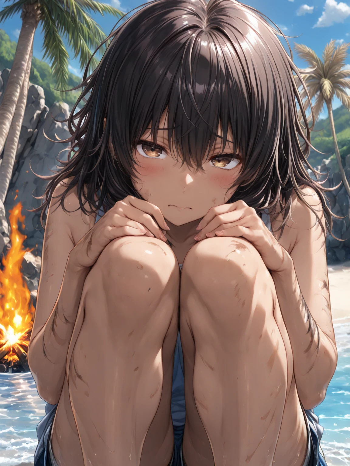  masterpiece, Mountainous Regions,   desert, Black Hair,  blunt bangs, short hair, Ahoge, blue eyes, ((((nude)))), 1boy, open mouth,  ((glaring)), spread legs, abs, Sweat, front,  arms behind head, Small breasts, disdain , smile, organs 