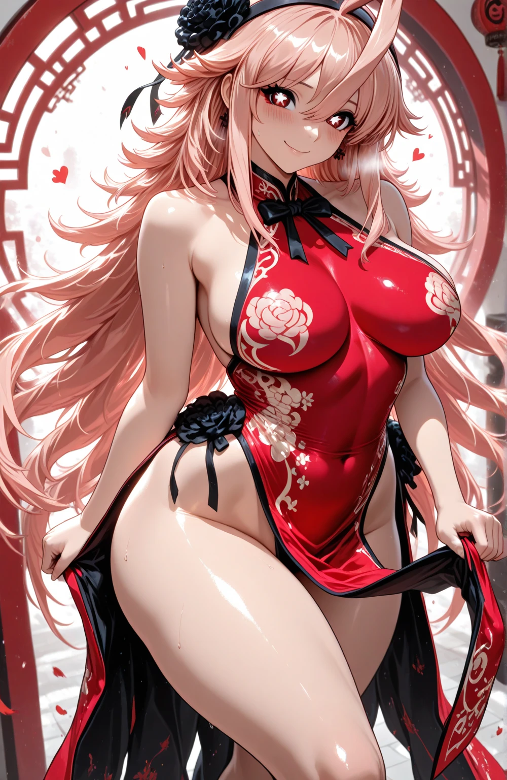 A women with tanned skin with pink hair and pink eyes, wearing a red sparkly dress. She has long wavy hair and there are flowers around her. She has big hips and large breast.