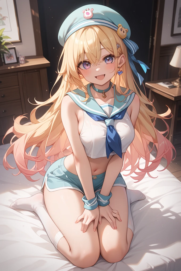 ((masterpiece)), ((best quality)), (ultra-detailed), anime style, look up from below, on the bed, a cute girl, 1girl, solo, underwear00, ((beautiful eyes)), small breast, smile
