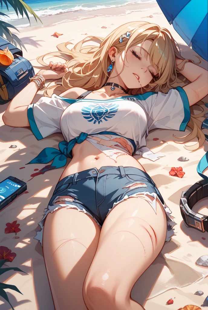((Masterpiece)), (Best Quality)), Illustrations, Lots of girls, Hair color, Bangs, Hairstyle fax, Portrait from the waist up, ((Average breasts)), Tanned girl, Body details, T-shirt, T-back swimsuit, Micro bikini, Girl, Dull long blonde hair, Blue eyes, Dull bangs, Lying on your back, Hands behind your back, Close mouth, Hopelessness, Portrait of face taken from crotch, Zoom to crotch, sweat, breasts pushing up clothes, smack face on buttocks, plastic bottles, wet mattresses, room cluttered with clothes