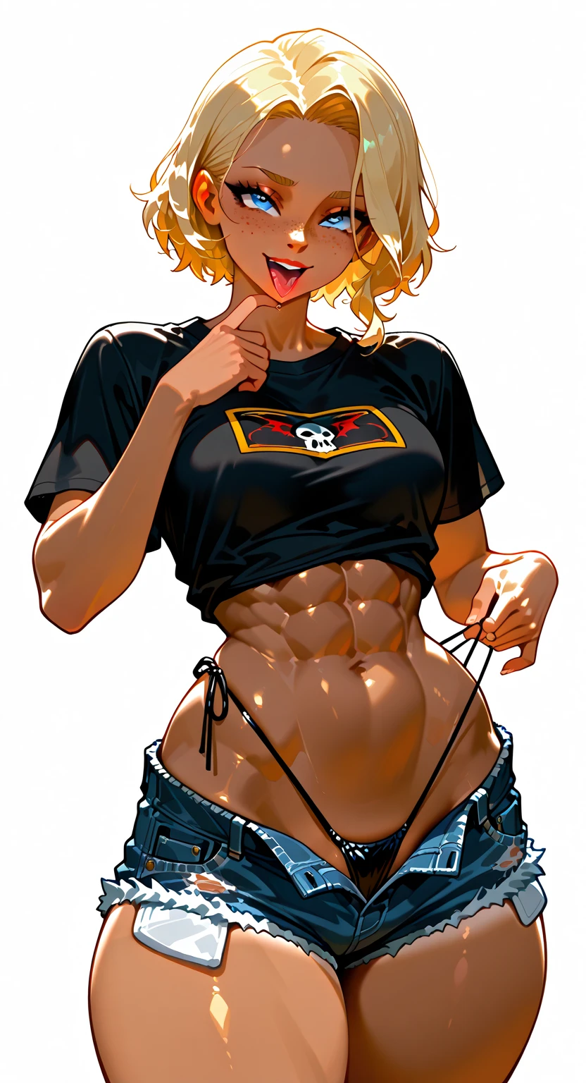Gyaru girl, tan skin, short hair, messy hair, glossy lips, smile, open mouth, large lips, light blue eyes, winking, crop top, abs, jeans, wide hips, furrowed brows, tongue sticking out of her mouth, one piece style, swimsuit tan line, drooling