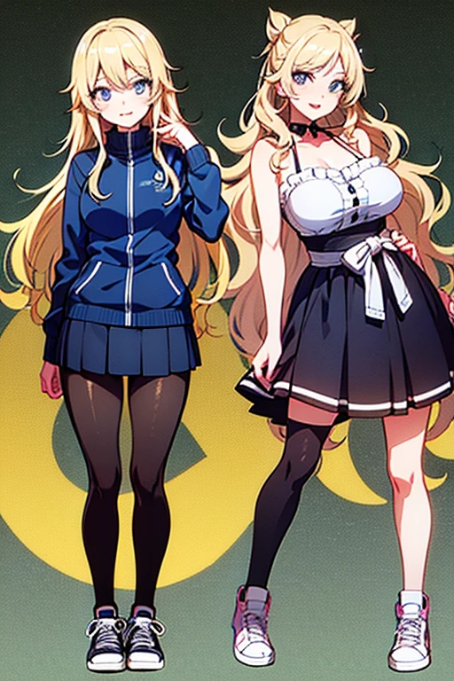 safe for work, 1girl, solo, solo focus, A hentai manga character, Nanako Von Meinsfelt, by Fan no hitori, uploaded to Nhentai.net, blonde hair giant curly twintail, ojou-sama, black school uniform, red cravat with a white cross on it, black pantyhose, brown mary jane shoes, a black pleated skirt, with stunning blue eyes, large breasts, thick thighs, standing, masterpiece, best quality, full-body portrait, background messy alleyway, Holding giant greatsword sized mace