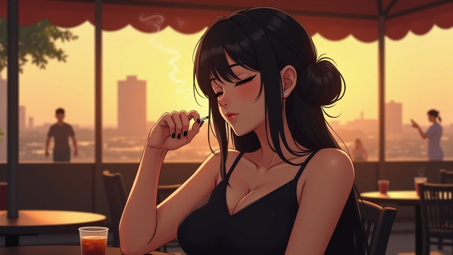 score_9, score_8_up, score_7_up, score_6_up, source_anime, rating_explicit, woman , woman with black hair, should off dress, cleavage, matured woman , restaurant, blushing 