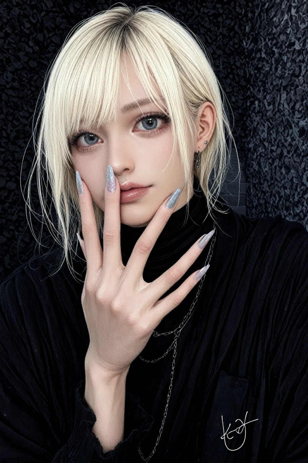 blond haired woman with blue eyes and a black net top, portrait of kim petras, misa amane *, shikamimi, lalisa manobal, misa amane, fishnet, the hime cut, fishnets, ( ( misa amane # ) ), portrait a woman like reol, with index finger, 2b, 2 b, long nails, red nails,