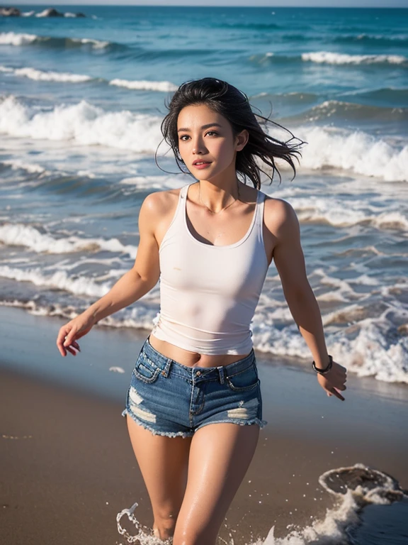 ((best quality)), ((masterpiece)), (detailed), perfect face, perfect face, the prettiest 16 year old girl, 1 girl, solo, walking, white jacket,black sport shorts,bare chest, athletic build, dynamic brushstrokes, capturing the essence of her athleticism and energy, using light colors and soft tones to create a dreamy and ethereal atmosphere, walking on a beach , smiling gently, front view, brunnet, looking front,bare chest, , small butt, perfect abs, flated chest, fit body, cute smile 