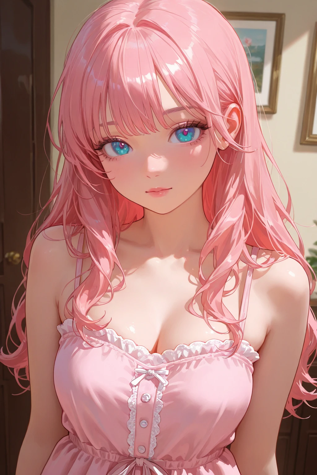 (high quality,8k,masterpiece) upper body portrait of 1 girl, beautiful detailed eyes, beautiful detailed lips, extremely detailed face and skin, long eyelashes, wearing pink bikini, perfect breasts, soft lighting, warm color tones
