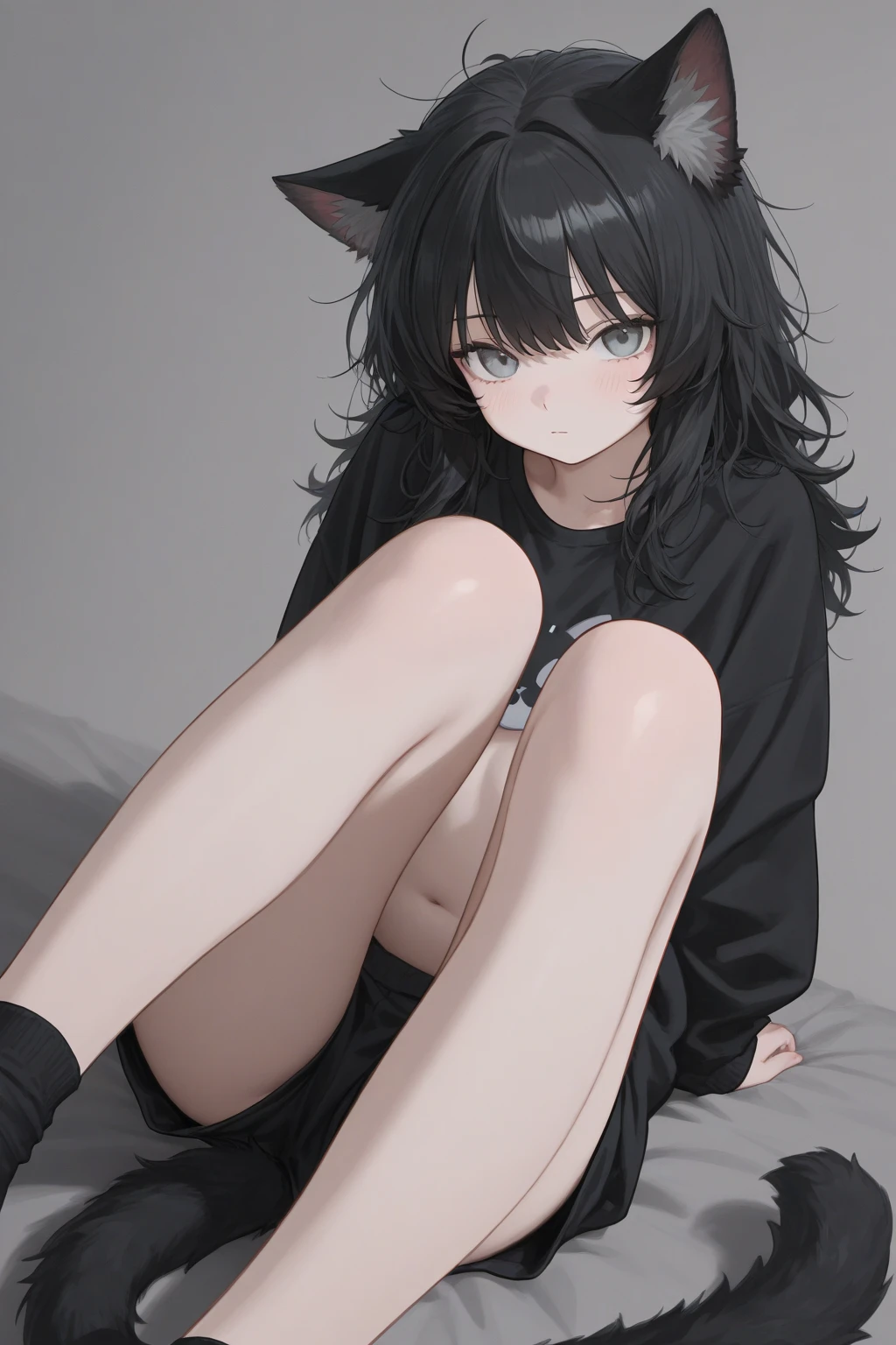 1girl, R18, white bed background, Above the thighs only, ,lying in bed, Barely covering the nipples, barely covers the genitals, Be careful behind, black hair, long hair, black solid choker around neck, cat eyes, cat eyes썹, moderate chest, Black bra, broken bra, white dress shirt, Black Jacket, Barely Covered Breasts, navel, Place your right hand on your lower abdomen, Cover your mouth with your left hand, Very light blush on upper cheeks, thong panties, Black panties, Very small panties, broken panties, Important parts barely covered, Nipples barely covered by bra, Barely covered with panties, pants fall down, black pants, mastetpiece