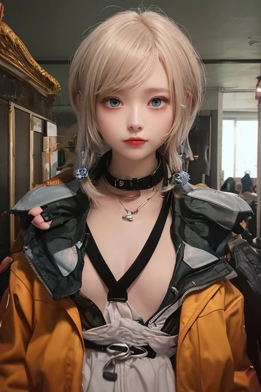 (best quality, 8k, highres, photorealistic:2.0), (solo, one girl:2.0),(lighting:front),(lighting: strong),(american beauty:2.0),(women of adult age:1.6),(girl is very muscular:1.5),(shiny skin:1.5),(oily skin:1.5),(platinum blonde hair color:1.5),(flat chest:1.5),(((small breasts))),(Photographed in the slum),(ultimate beautiful girl),(energetic woman),(slut girl fashion style wear),(((Super low rise pants))),((jacket zip full open)),(navel is visible),(abdomen is visible),(waist is visible),(((hip hugging pants))),Blush brown makeup , dark eye makeup ,pink lipstick,(big eyes girl:1.3),(((girl's sexual charm))),(The girl's amazing sex appeal),(unzip pants:1.5),(Open the bottom zipper:1.5),(gold necklace),