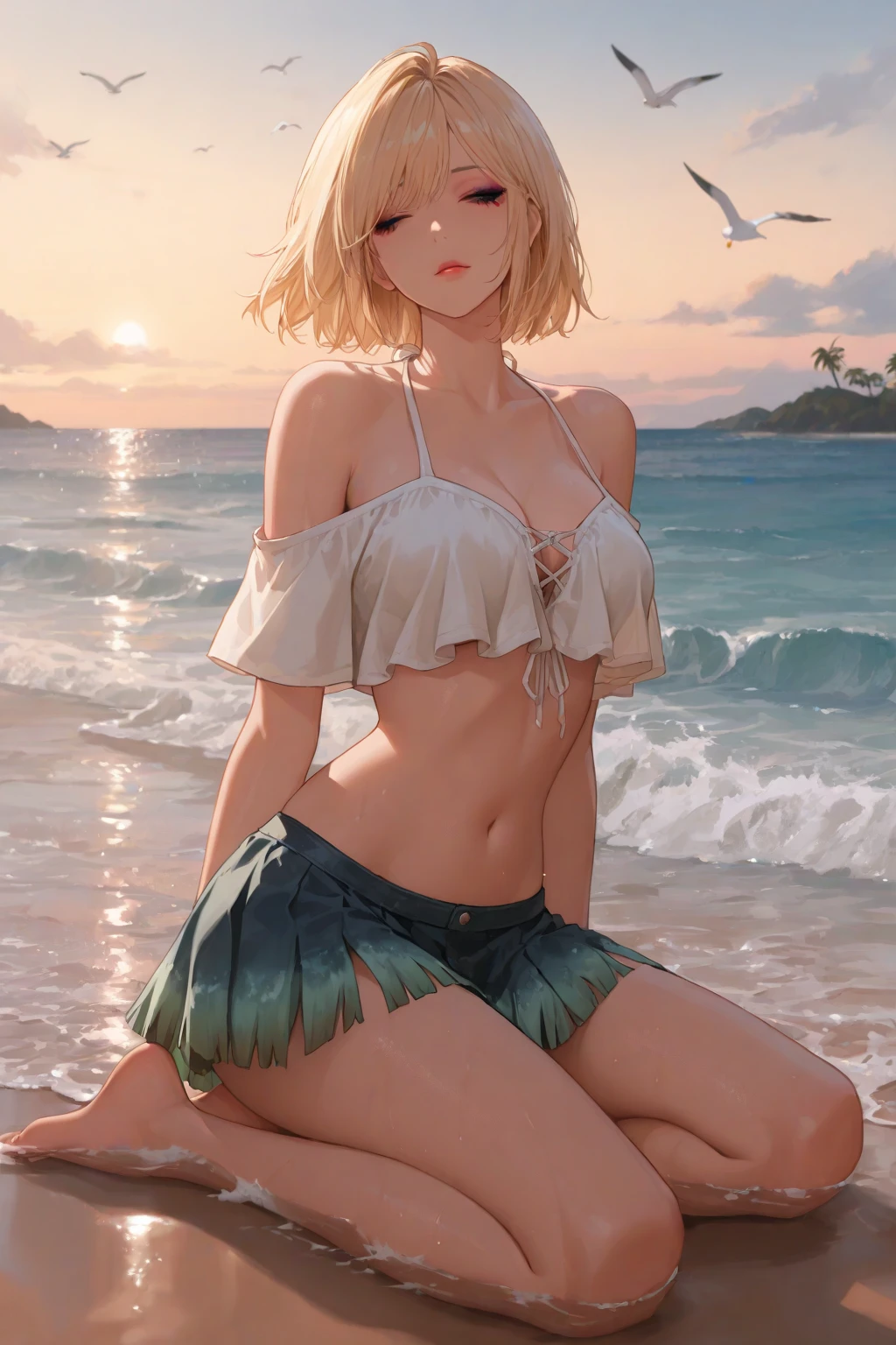 nsfw:1.4, Top quality, masterpiece, ultra high resolution, , (top quality, high resolution, 4K, detailed lighting, shaders, perfect anatomy, perfect proportions), eye of the beholder, (masterpiece, top quality) (top quality, 4K, 8K, high resolution, masterpiece: 1.2), highly detailed, (masterpiece: 1.3, top quality, ultra high resolution, ultra detailed), (top quality: 1.2), perfect eyes, perfect face, perfect lighting, (top quality, 4K, 8K, high resolution, masterpiece: 1.2), highly detailed, (top quality, 4K, 8K, high resolution, masterpiece: 1.5), highly detailed, masterpiece, top quality, ultra detailed, top quality, high resolution, 32K CG, very delicate and beautiful, illustration, high resolution, sharp focus, front lighting, glow, girl 1 person, solo, smiling, very beautiful and detailed anime face, very detailed eyes, ((masterpiece)), ((best quality)), (super detailed), ((cute)), cute, ((very detailed)), 4K, (8K), best quality, (best quality, 8K, 32k, masterpiece, super high resolution, very detailed, impressionistic:1.2), blurred background, four fingers and 1 thumb, Best quality ,

Just before dusk falls and darkness descends. A breathtakingly beautiful starry sky. The Milky Way. A girl alone on a beach. Water up to her knees. A peaceful calm. ((Relaxed)). (((Blonde))). Beautiful blue-green eyes. Pink lips. (Big boobs). Full breasts. Well-developed breasts. Well-shaped breasts. Slim waist. Perfect proportions. Slender body. Well-proportioned body. Small pink nipples. Long straight hair. Wet hair. White bikini. (((Topless))). No bikini top. Smiling. Squinting eyes. Looking straight up. Moved by the beautiful sky. Blushing face. White choker. Earrings. Necklace. Bracelet. Chain waist ornament. Anklet. Barefoot. (Full body). From the side. Profile.