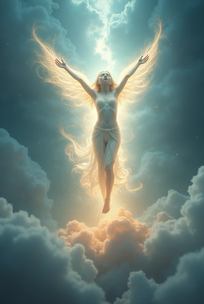 Una Photografia hiperrealista, Highly detailed and ethereal of an angelic woman suspended upside down from a glowing celestial vine, reminiscent of the tarot card “The Hanged Man”. The angel/woman has one leg bent in a four position, while its partially open wings radiate a soft golden light. Pay special attention to well-formed limbs, fingers and toes, and the woman's breasts when she falls face down, with total sensuality. The wings must be inverted, upside down like the woman's body hanging. She has her eyes closed and her long hair and bright robes cascade down.. The cosmic background features twinkling stars and swirling silver and gold clouds., with a halo of light under the angel. A pulsating light emanates from the heart of the angel. The general atmosphere conveys serenity and spiritual enlightenment., with soft and radiant colors of white, Gold and silver create a divine atmosphere. Intricate details adorn the angel's features, its wings and its celestial surroundings, while subtle confusions, Conceptual art, paint, cinematographic, Photo, 3D rendering, poster, illustration, dark fantasy.