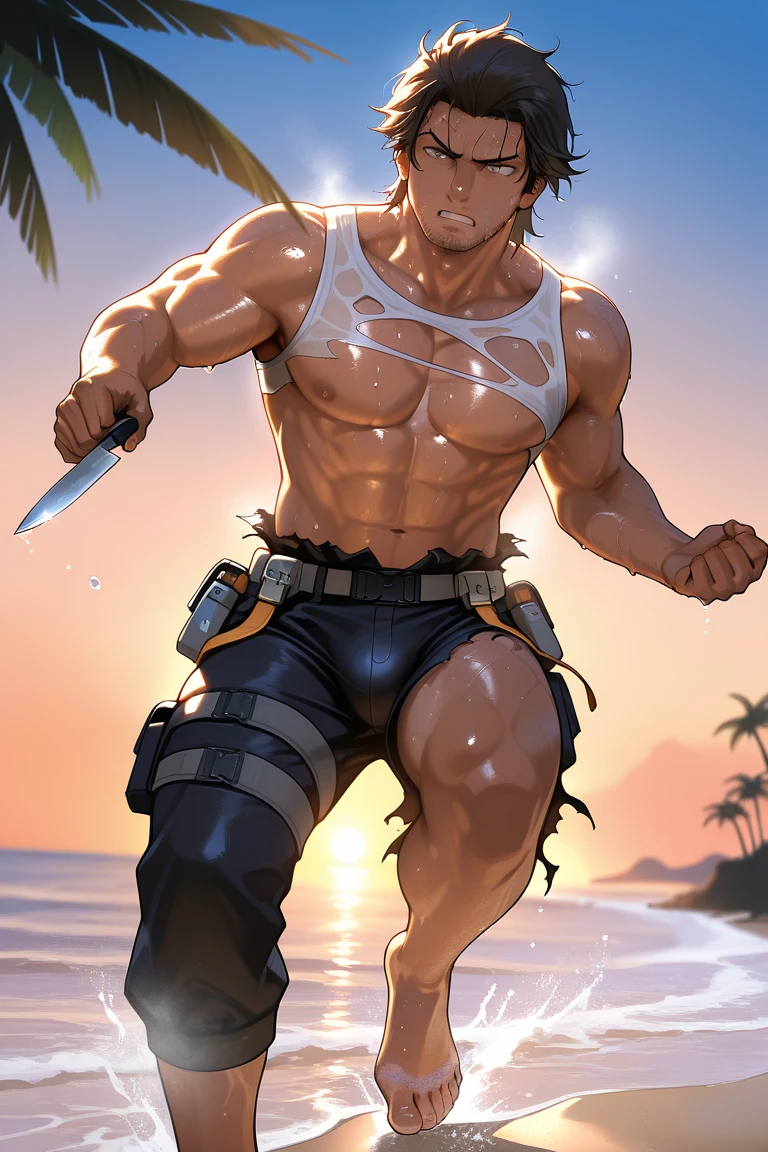 Hairy muscle hunk man wearing bikini with big bulge 