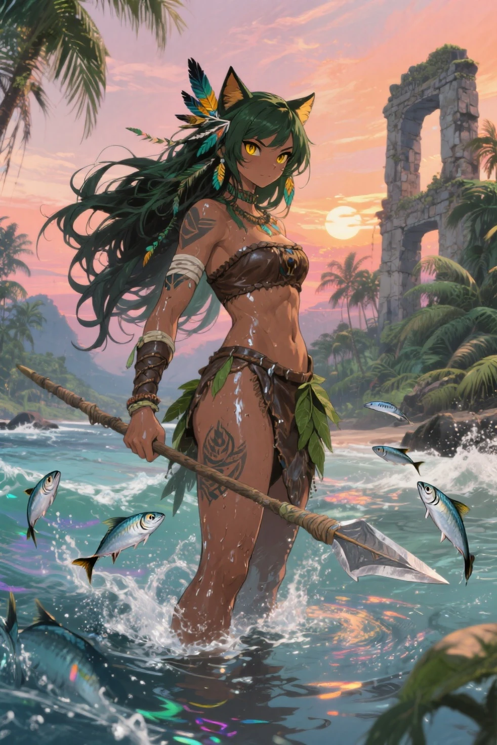 (masterpiece:1.2) (best quality) (detailed) (intricate) (8k) (HDR) (wallpaper) (cinematic lighting) (sharp focus),(outdoors, beach, seaside, beautiful landscape, island, 1980s \(style\):1.3), (face focus, close-up face), (dunamic angle, dynamic pose:1.3), (lum), 1girl, (flying:1.3), (angry), dot nose, animal print, strapless_bikini, breasts, cleavage, full_body, large breasts, (two-tone_hair, green hair, black hair:1.3), floating hair, groin, small horns, (cowboy shot),, lowleg bikini , looking at viewer, navel, oni, oni horns, print bikini, (solo:1.5), swimsuit, tiger print, tiger stripes,<lora:Ghibli_v4:0.5> <lora:style1-fC_v1.0:0.5>