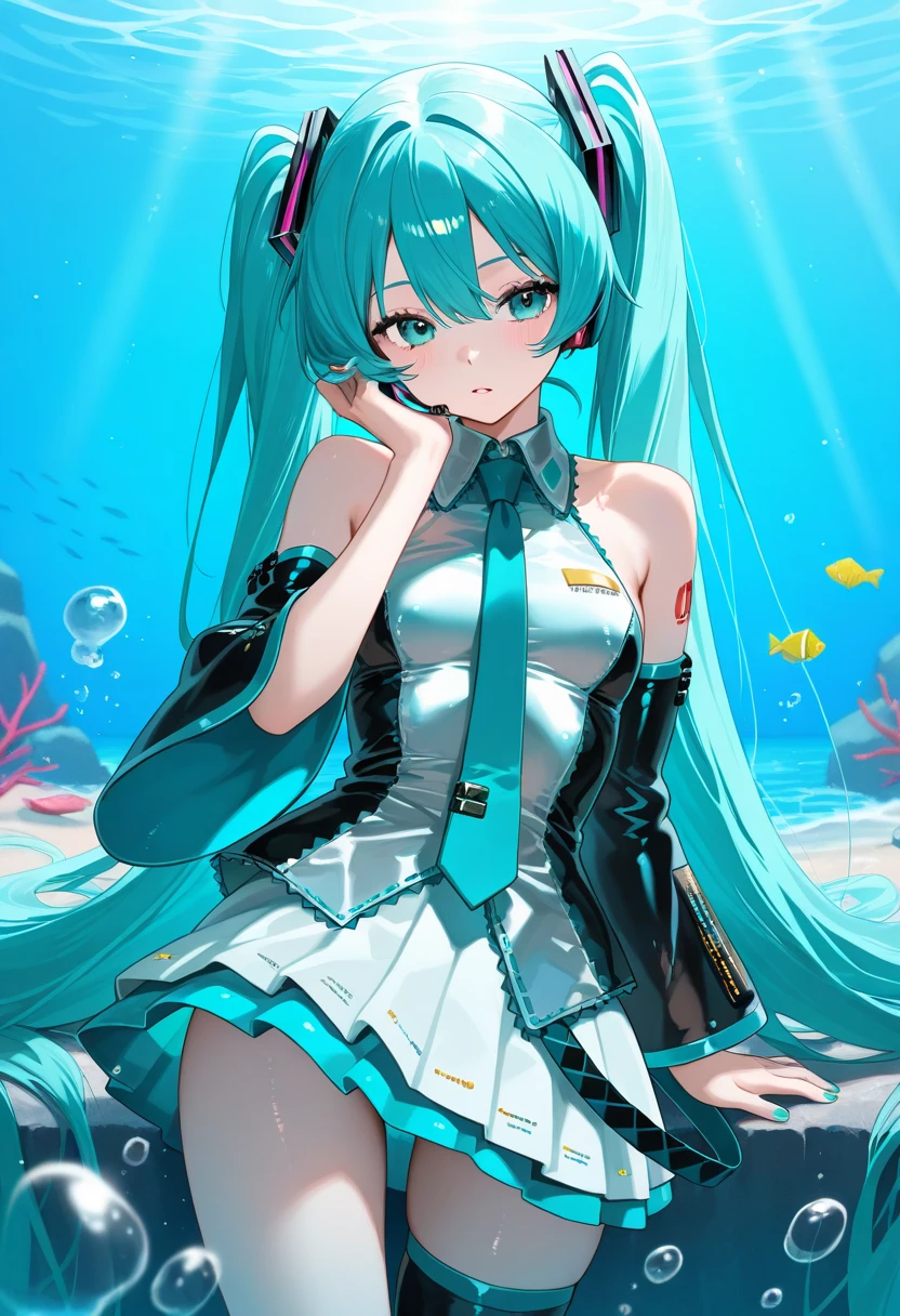 1girl,jungle,:|,beehive hairdo,eye reflection,casual one-piece swimsuit,blue theme hair,