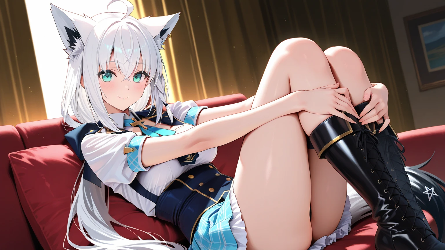 Uma mulher linda, cabelo branco com destaques blue, (((Full body))), Maquiagem Egirl, ((Cabelos brancos com destaques azuis)), acessórios de cabelo, cabelo curto, rosto fofo, rosto detalhado, olhos azul, (((micro skirt))), (((Full Body, perfect hand, perfect face))), (((classroom, sitting))), cyberpunk, sitting, White hair, roupa linda, (((Purple, cyberpunk)))), animal ears, perfect face, Glowing Purple, GlowingRunes_purple, ((feet pose))