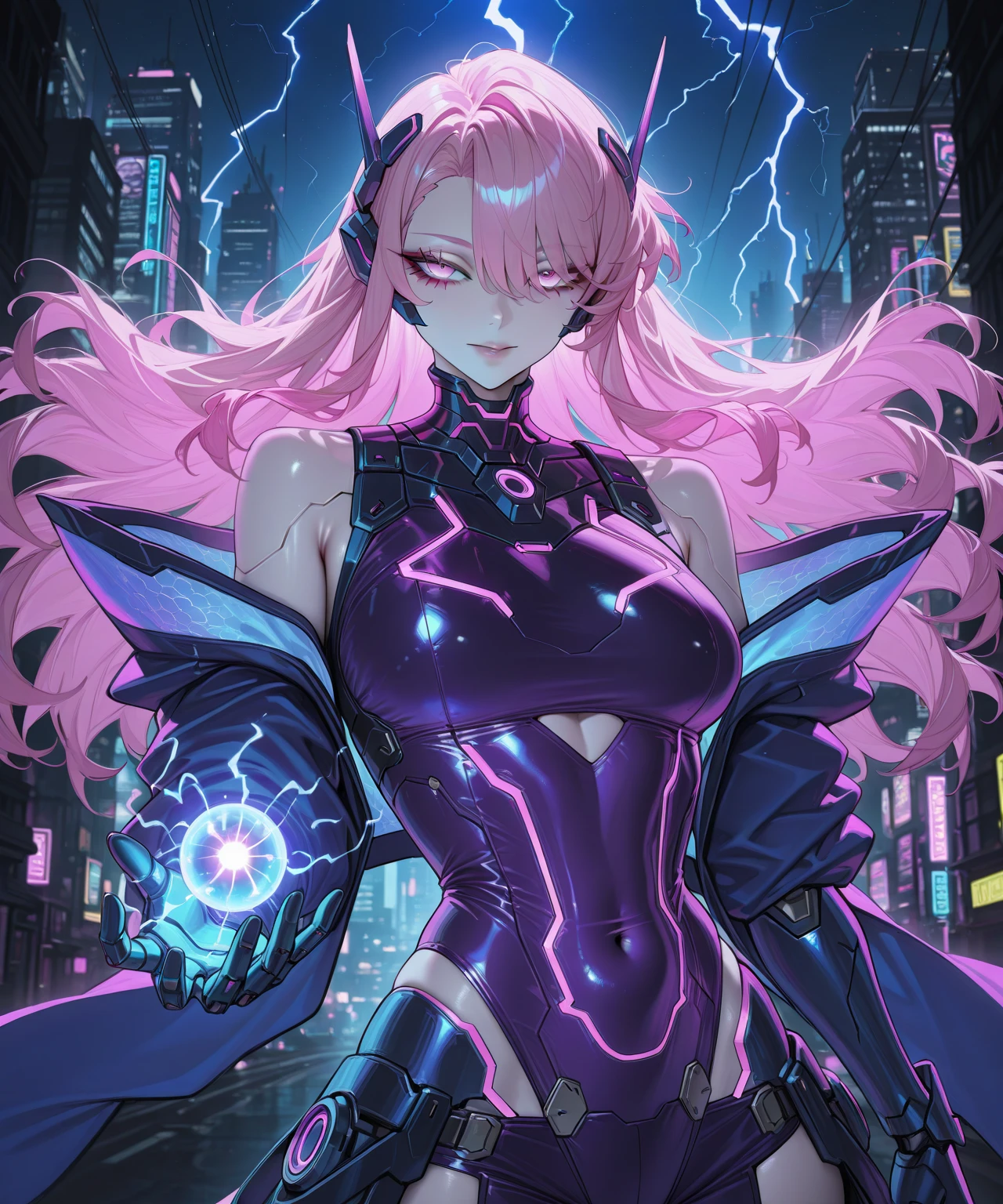 1 girl, 20 year old girl, one person, (Silver blue hair streaked pink purple:1.4), (Gradient sky blue hair ends:1.6), hair strand, absurdly long hair, single sidelock, wavy hair, shiny hair, floating hair, (Illusion deep purple eyes), delicate eyes, aqua eyes, High like real eyes, ((glowing eyes)), makeup, Focus on face, Very detailed facial, hot body, Random environment, Random pose, on the street, looking at the starry night sky, meteor, Technical clothing masterpiece, White extra long skirt, several cross stars beside, Colored lights swirl around the body, (((Extra super huge colorful extra super complex multiple glowing magic circle upright on the back of the head))), cyberpunk, full body shot, realism, chiaroscuro, (glowing light), sparkle, ray tracing, cinematic lighting, Futurism, motion blur, Ultra-Wide Angle, god rays, atmospheric perspective, best quality, UHD, super detail, masterpiece, highres, ccurate, retina