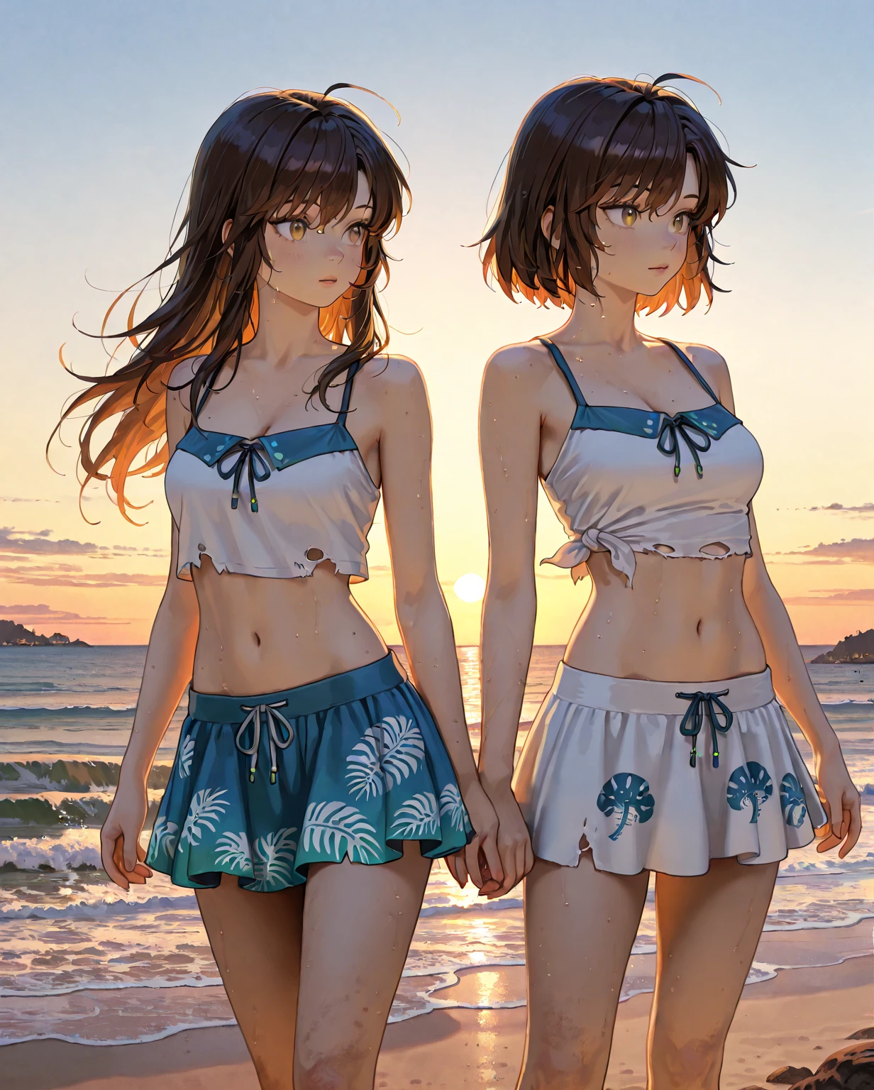 (masterpiece:2.0), (highest quality:2.0), (Swimming naked in the sea:1.3), (Tiny T-back white camisole dress:1.5), (Ultra-thin fabric:1.5), (fully exposed shoulders:1.5), (fully exposed nape:1.5), (View from behind:1.5), (Super Sexy Pose:1.5), (blushing face:1.3), (spill :1.4), (realistic:1.5), 1 , precise small needle, embarrassed look, light smile, Very cute girl, baby face, clear eyes, shining eyes, small breasts, I can see the cleavage, I can see my crotch, no pubic hair, beautiful skin, Super fine, highest resolution, Japanese high school student, brown hair