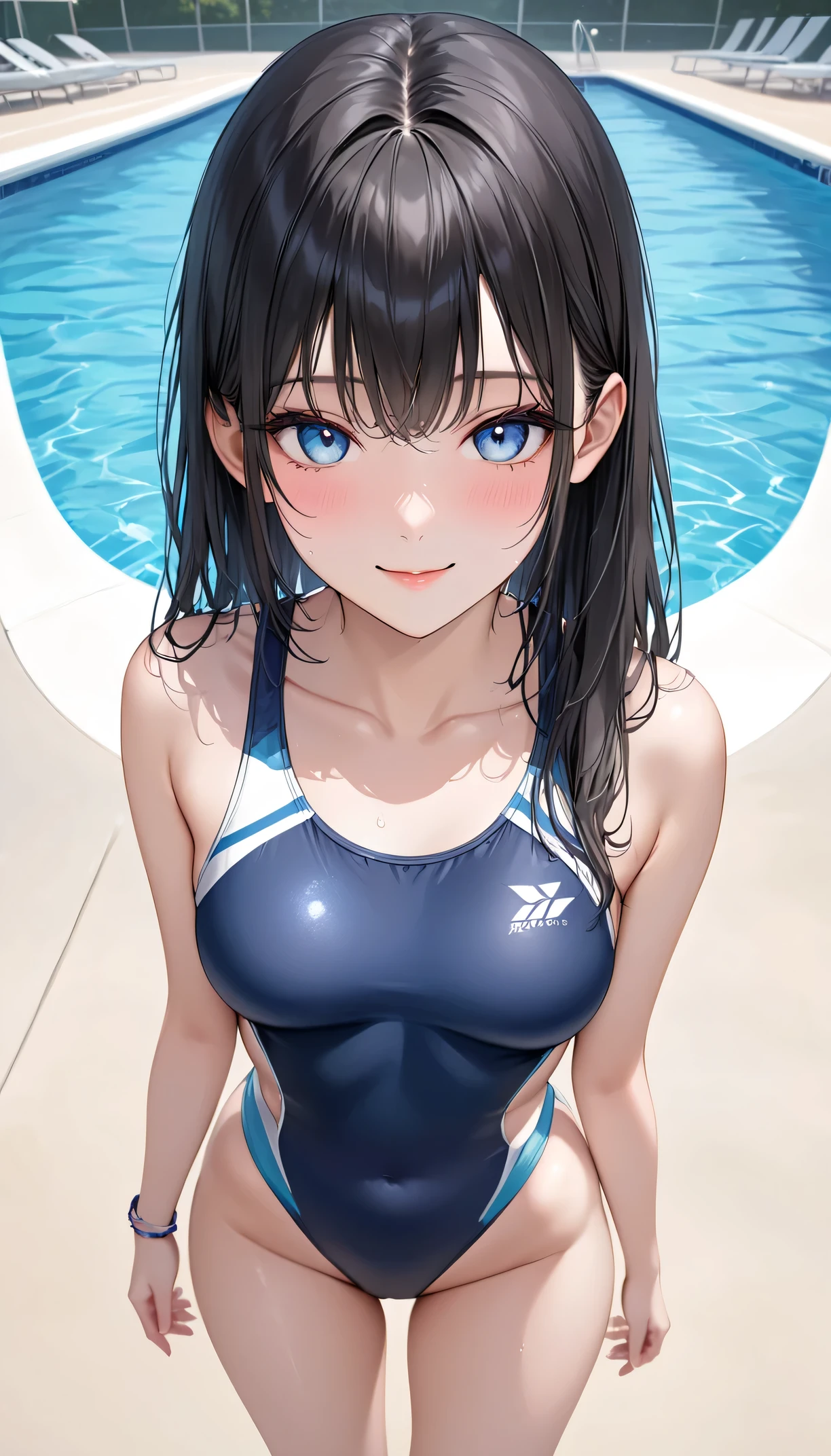 selfie, hair behind ear, makeup, dark blue hair, blue hair, black hair, blue and black gradient hair, messy hair, wavy hair, cat ears, long hair, blue eyes, smile, breasts, tshirt, black swimsuit, onepiece bathing suit, leotard, pool, water