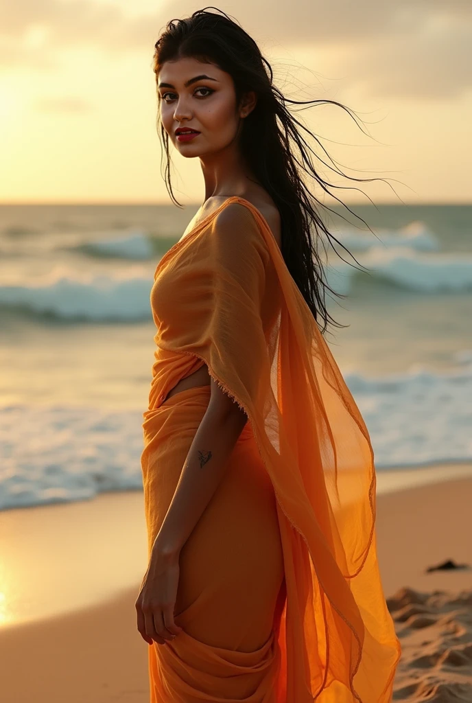 ultimate-detailed,masterpiece,best quality,(photorealistic:1.2),solo,bent over,(wearing Orange and White gradation sheer dress:1.2),no bra,a Turkish girl in beach,beautiful face,(hourglass:1.2),(massive tits:1.1),cleavage,(slim waiste:1.2),Shaggy scalp,smile,looking at viewer,earrings,bracelet,necklace,shiny_skin,wet skin,shiny appearance,
<lora:more_details:0.5>,<lora:SheerSkirtV2:1>,<lora:n0br4:1>,