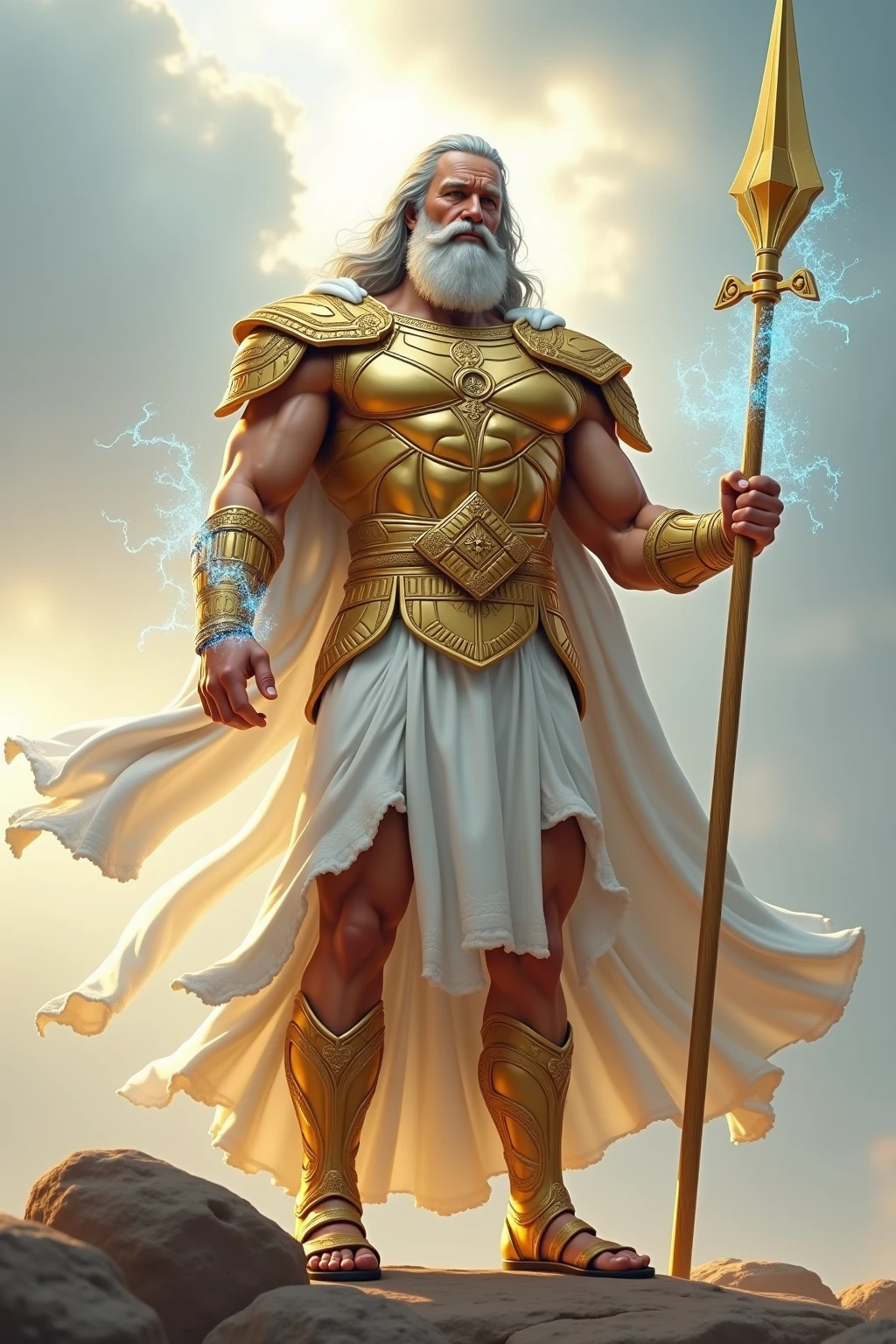 Anunnaki god, golden dress and white cloak, red Egyptian king's hat, blue eyes, blue electricity in the sky, rain, long white beard and hair, beards like old Persian soldiers white, standing smiling and holding a long staff It is a bright, blue and patterned sun, high quality, 4k, a masterpiece, a godlike face, muscular and muscular pose, people are worshiping him --auto --s2
