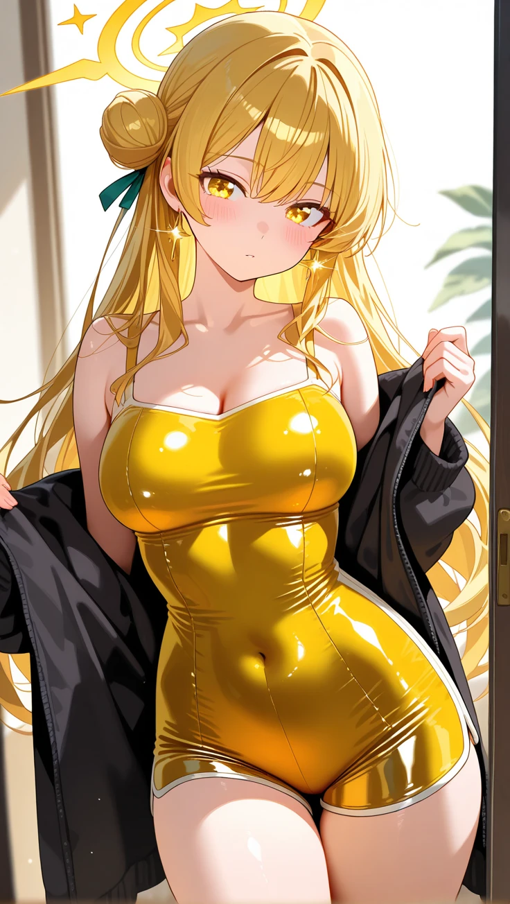 sexy woman、(Blonde Hair Woman)、straight hair woman、Long hair woman、((Beautiful busty woman:1.3))、(A woman wearing a yellow high-neck leotard:1.6)、nice sexy body、one woman、woman wearing brown pantyhose、Woman with a big smile、sexy pose