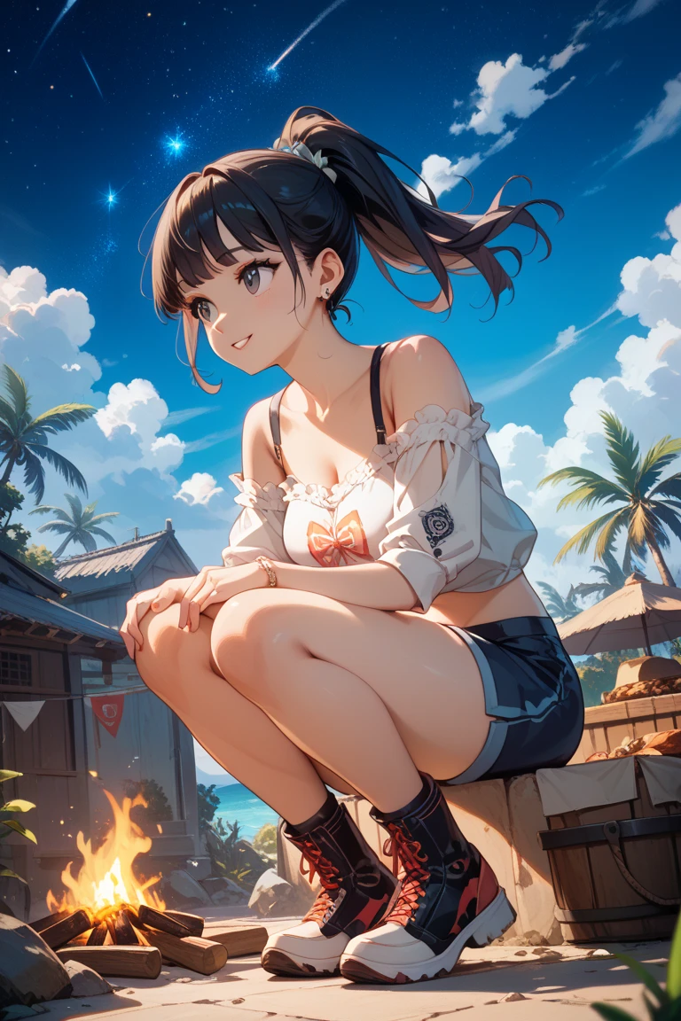 A cute light blue dress、barefoot、Her breasts were pressed together、Showing off her cute white underwear、Sitting on the ground with her legs spread to show off her underwear、Beach night sky、Pure white jacket、Holding a red handbag with a pie slash