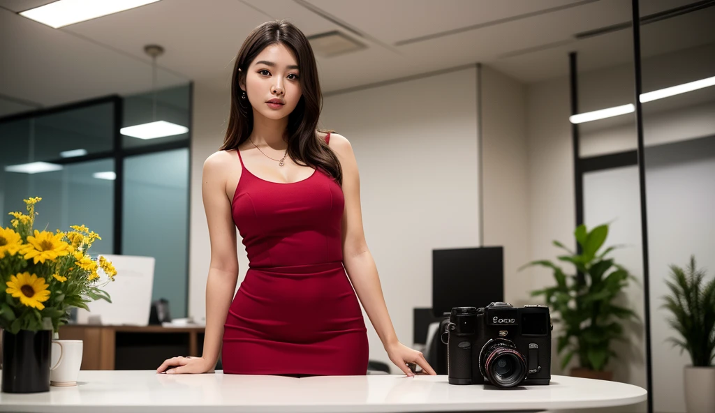 (((she is in a bikini)))、masterpiece、超High resolution、She is very cute and young like an idol...々Cute 18 year old business woman、((She is small, only 140cm tall.))、Gentle and cute、A kind smile、Medium Bust、Working in an office with a business desk in a building、((He is having a conversation with a male employee wearing a suit.)).　whole body、RAW Photos、Genuine、High resolution、Live Action