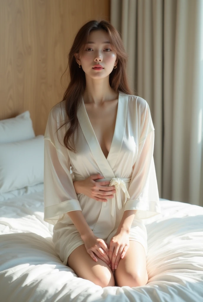 An araffed woman in a white robe sitting on a bed, wearing white silk robe, gorgeous chinese model, white silky outfit, gorgeous young korean woman, smooth white tight clothes suit, beautiful south korean woman, young sensual graceful, in a silk robe, wearing a luxurious silk robe, beautiful young korean woman, beautiful asian girl, wearing silver silk robe, lovely woman.
Masterpiece, ultra detailed, realistic, photo realistic, high detail RAW color photo, professional photograph, extremely detailed, finely detail, lens flare, Dynamic lighting, 8K, RAW Photo, Best High Quality, Masterpiece: 1.2, Ultra HD: 1, High Detail RAW Color Photo, Pro Photo, Realistic, Photo Realistic: 1.5, Live Photo, Super detailed, Masterpiece, Real Skin, Realistic Skin, Realistic HD Eyes, Highly detailed Eyes, Perfect Eyes, Perfect face, Perfect fingers, extremely detailed face, extremely detailed eyes, extremely detailed skin, perfect ???????.