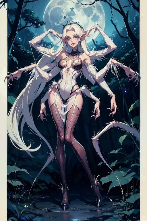(Seductive nightmare)(Hyper realism)(Realistic fantasy)A moon elf greatly resembling Paris Hilton (age 25, psycho mouth full of jagged razor sharp teeth, long razor sharp finger nails, blue skin, violet eyes, silver hair, sheer spider silk lingerie(over exposed), silver body jewelry) transforming into a psycho super predator with arachnid overtones, blasphemous silver blue tattoos are sparkling in the moonlight, is studying the viewer and preparing to hunt them through a spider infested haunted woods, webs obscure the moon and carpet the ground. Immense webs and spiders in the tree tops. (show her entire body, show her from head to toe, show all of her)