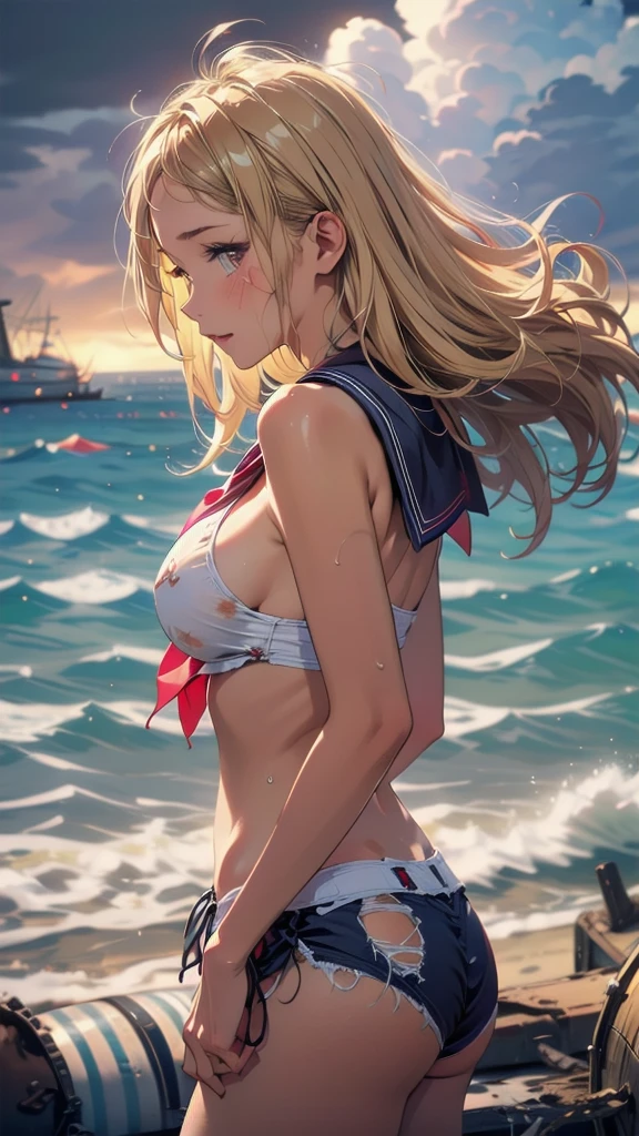 ​masterpiece、Massive landscape（（the setting sun、Vast sandy beaches、Mysterious Sea））、About 20 years old、a blond、a beauty girl、huge tit、The bikini、Delicate embroidery、Tie your hair together and pin flowers、Farbe々Pose、Wet hair、Body is wet、perspiring、Arms behind your back so you can see your sides