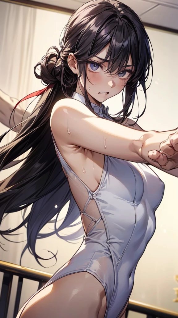 (nsfw),(Official art、Best Quality、Unity 8k Wallpapers、32K,masterpiece Best Quality, absurderes, Perfect Anatomy, Unity 8k Wallpapers,best cell anime), Detailed beautiful face and eyes,shoot from front,cowboy shot:1.5,(1woman,solo),18歳の美女、日本人、black hair,ponytail:1.2,long hair,blunt bangs,black eyes,((小さい頭:1.2、skinny,medium breasts)),(((naked:1.5,sweat:1.3)))、寝室、