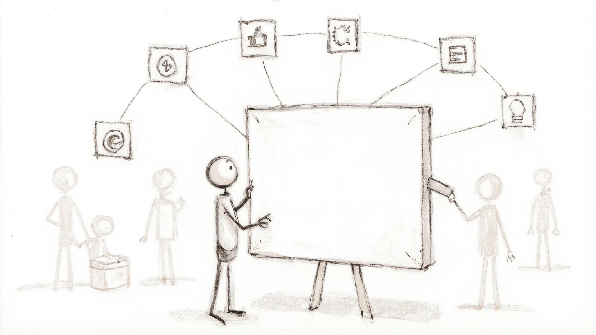 a figure representing the media, like a journalist with a microphone or a news anchor. Show newspapers, TV screens, and smartphones with headlines or news images. Make it a simple drawing/sketch. black and white