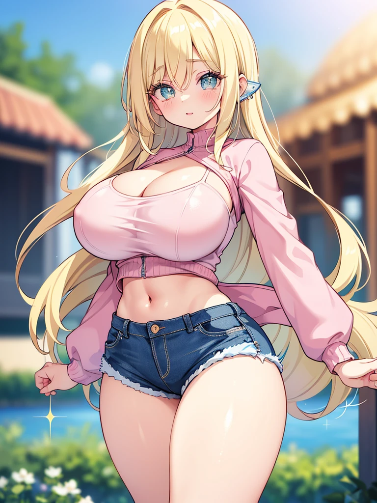 1girl, blonde hair, ponytail, wolf ears, tan skin, tan, highleg panties, panties, micro panties, cameltoe, sports bra, black sports bra, ((mall)), mall, ((shopping)), shopping, bare legs, no pants, yellow eyes, huge breasts, thick thighs, wide hips, smile, happy, shopping bag