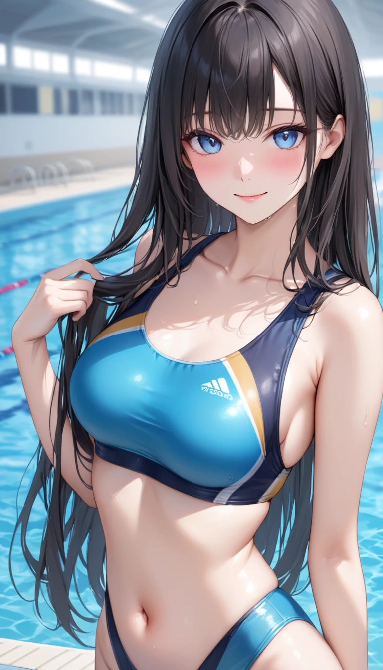 (masterpiece,highest quality,超A high resolution),japanese woman, (((Very beautiful 25 year old girl))), pretty girl、look at the photographer、 ((beautiful low ponytail)), super cute face, glossy lips, double eyelids in both eyes,natural smile、 natural makeup, long eyelashes, Shiny and smooth hair、center image, perfect limbs, perfect ???????,(((navy blue school swimsuit))、pool,See-through