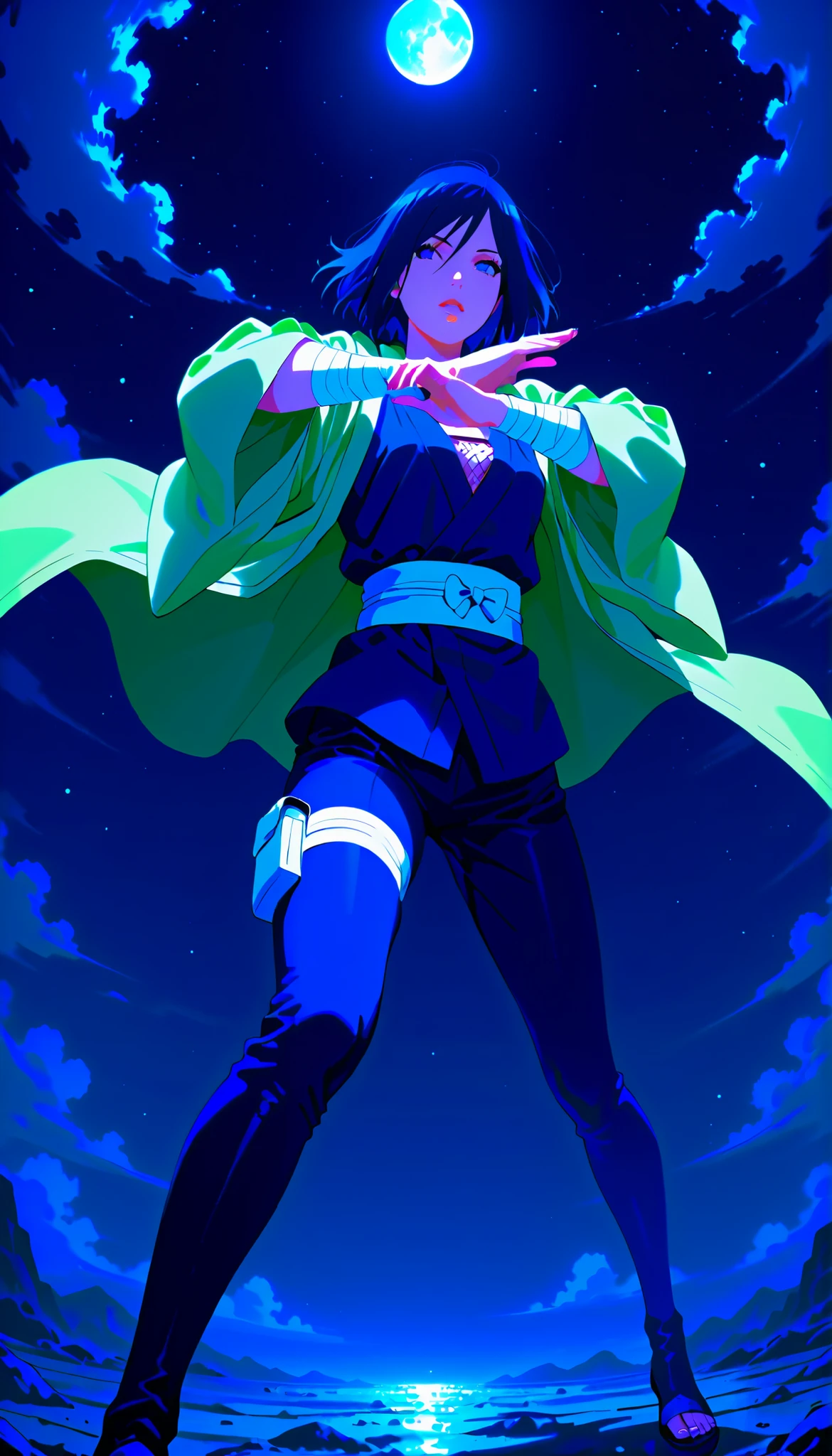 (((IZUMI NASE)))) walking confidently through a war field. The art style should closely match that of Naruto or similar shounen anime, with clean linework and soft shading. ((Solo)) haori, white kunoichi pants, with layered leg accessories (bandages, thigh pouch, dark ninja stockings). fighting, hyuuga-pose, jyuuken, centered, clean background, ((perfect lips)), delicate, feminine, sweet, melancholic, perfect hands, lilac colors, score_9 , score_8_up , score_7_up , BREAK, elegant, perfect nails, painted nails, moon background, night sky