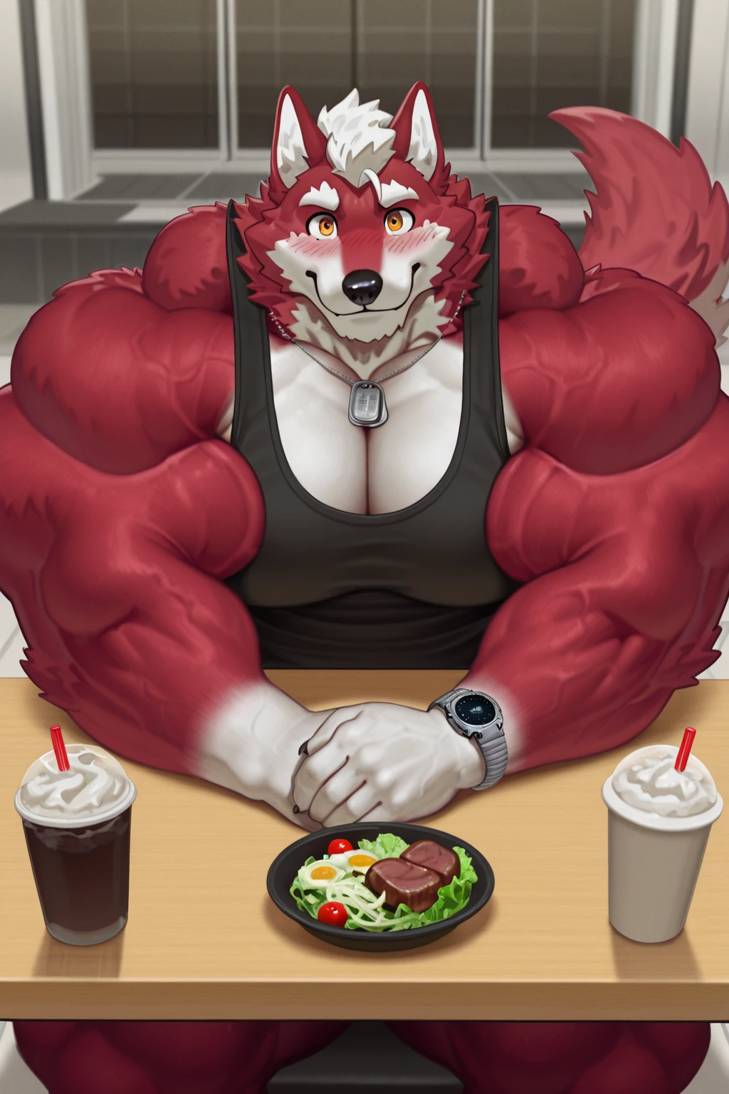incineroar,muscular, wide hips, small breasts, tail, firebelt, wearing a tshirt, graphic design on shirt, pants, looking at viewer, serious, smiling,
sitting behind a table inside a fast food restaurant, table full of food, hamburgers, french fries, extreme detail, masterpiece, <lora:Incineroar_ks:.8>