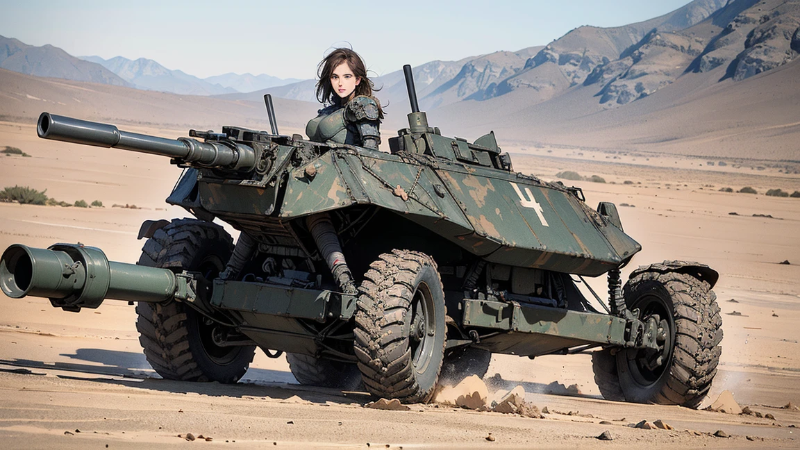 1girl in, 30 years old, Square face, Long hair, Looking at viewer, jewelry, Realistic, Sexy, military combat outfit, military weapon background tank-plane-cannon-gun, pose for everyone full body